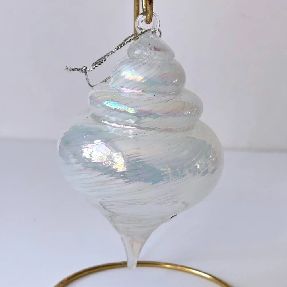 Vintage Dansk Glass Shell Christmas Ornament Iridescent Swirl White‎ Coastal